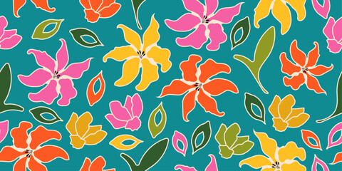 Batik hand drawn flowers, seamless patterns with floral for fabric, textiles, clothing, wallpaper, wall art, cover, banner, home decor, abstract backgrounds.