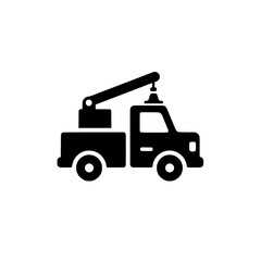 Naklejka premium Black icon of a compact tow truck featuring a lift arm crane used for roadside recovery or towing assistance.