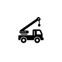 Naklejka premium Flat tow truck icon with extended hook arm in black outline used for vehicle recovery or transport services.