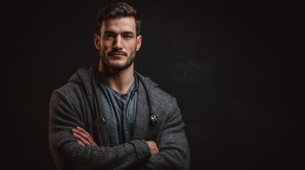Fototapeta premium Photograph a young doctor standing with a calm yet composed demeanor. His casual outfit subtly contrasts with the rich, dark background, while directional lighting accentuates skin texture, soft wrink