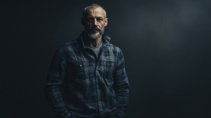 Fototapeta premium Photograph an adult man standing with a calm yet composed demeanor. His casual outfit contrasts subtly with the rich, dark background, while directional lighting accentuates skin texture, soft wrinkle