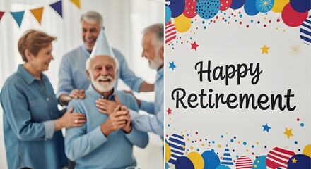 Smiling senior man celebrating retirement with friends and a festive "Happy Retirement" banner