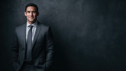 full-body portrait of a business professional against a rich, dark background