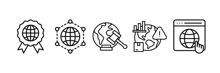 Global Business Icon Set Multiple Style Collection, Containing design Iso Standards, Distribution Network, International Regulation, Emerging Market Risk, Global Platform