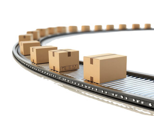 Long Conveyor Belt With Boxes Moving Along  isolated on a transparent background