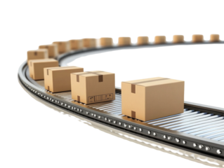 Long Conveyor Belt With Boxes Moving Along  isolated on a transparent background