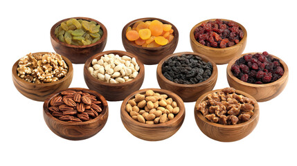  Wooden Bowls with Assorted Dry Fruits in Three Rows on Transparent Background