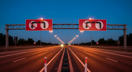Evening Highway Drive With Guidance Signs for Route Planning