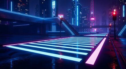 Neon Metropolis Empty Pedestrian Crossing In A Dystopian Futuristic Cyberpunk City