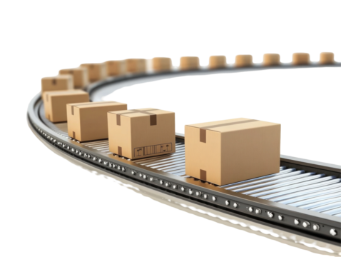 Long Conveyor Belt With Boxes Moving Along  isolated on a transparent background