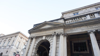 Verona, Italy Latin inscription on the portal of Piazza Bra, built in 1929 during the Fascist Era....