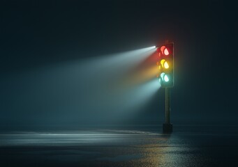 Traffic light glowing through fog with red, yellow, and green beams – Generative AI