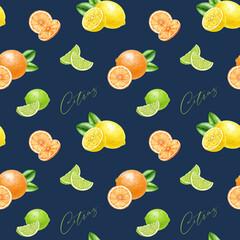 Fresh citrus fruits with leaves seamless pattern decor element. Vintage style watercolor illustration. Hand drawn lemons, limes, oranges citrus fruits seamless pattern on dark blue background