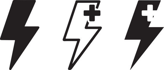 Vector lightning bolt icons: three styles, bold, black.