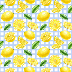 Fresh yellow lemons fruit with leaves on checkered background seamless pattern. Hand drawn vintage style watercolor illustration. Citrus fruit whole, cut and slice seamless pattern decor element