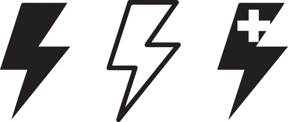Vector lightning bolt icons:  solid, outline, and plus sign variations.