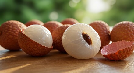 Fresh Lychee Fruits on Wooden Surface with Beautiful Natural Background and Soft Focus Highlights