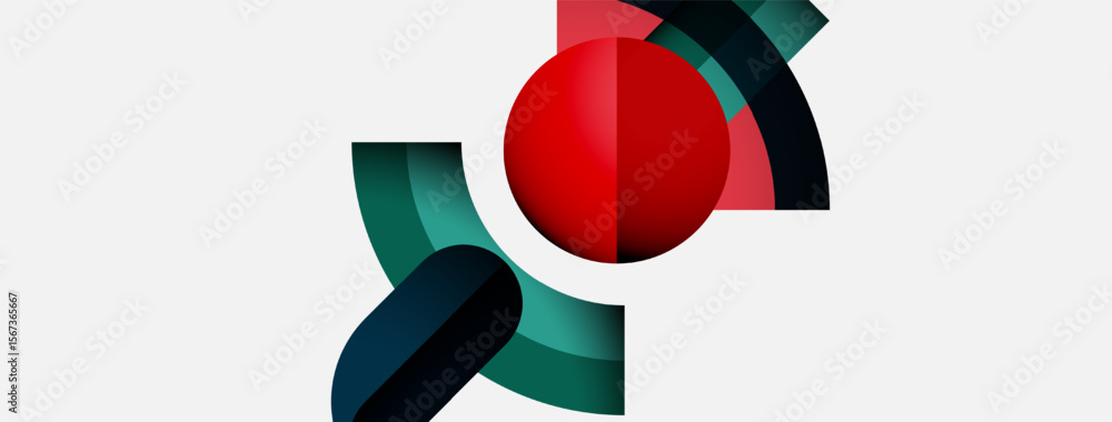 Poster abstract shapes, red sphere dominates center. green, dark curves create dynamic composition. minimal