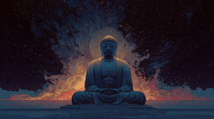 Serene Buddha Statue Amidst Cosmic Fire and Stars