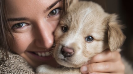 Woman holding puppy close to face, pure joy