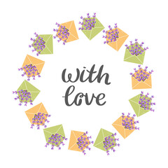 wreath with lavender sprigs in envelopes, perfect for botanical, spa, greeting cards or wellness designs.