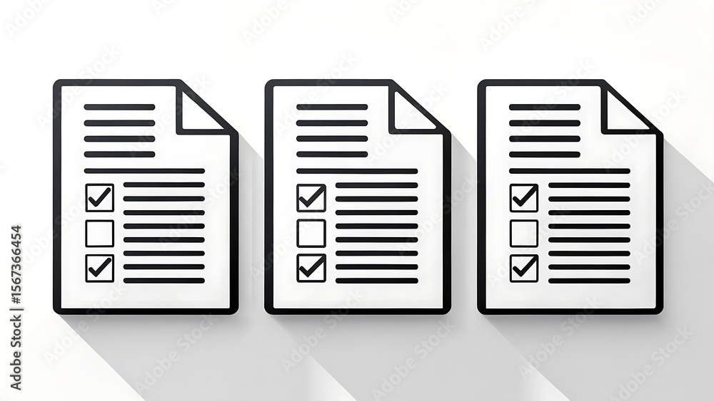 Poster three stylized black and white document icons with checkboxes and lines representing tasks or lists 