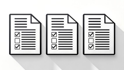 Three stylized black and white document icons with checkboxes and lines representing tasks or lists on a clean white background with shadows