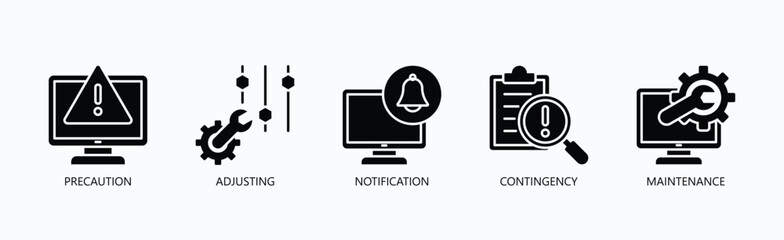 Proactive Essentials Icon Set Isolated Vector With Icon Of Precaution, Adjusting, Notification, Contingency, Maintenance In Glyph Style