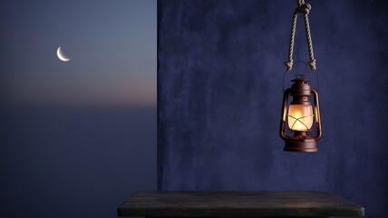 Rustic lantern glows warmly against dark blue wall and twilight sky kerosene hanging