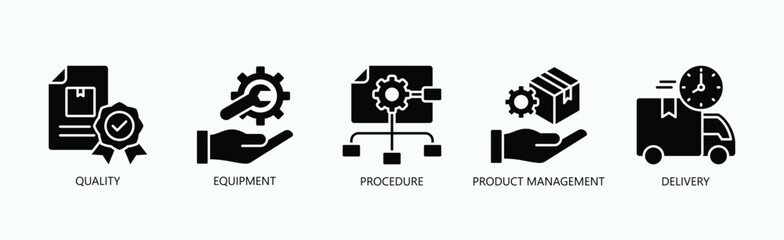 Excellence In Action Icon Set Isolated Vector With Icon Of Quality, Equipment, Procedure, Product Management, Delivery In Glyph Style