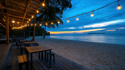 Serene Beachfront Dining Experience at Sunset with Decorative String Lights and Calm Waters