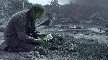 A lone man reads something attentively beside a child, surrounded by rubble and destruction. Reflects post-war trauma, loss, and reflection.

