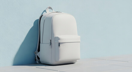 A plain urban backpack standing upright and leaning against a pastel-colored wall, front surface left clean and unbranded for design insertion