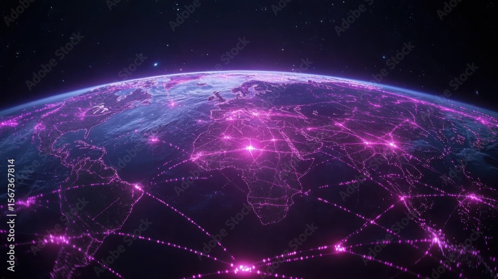 Poster global network connectivity on earth with glowing purple lines connectivity network global network