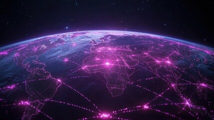 Obraz premium Global Network Connectivity on Earth with Glowing Purple Lines connectivity network global network