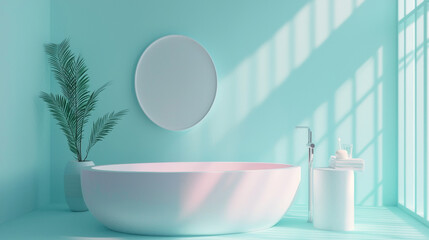 Minimalist Aqua Blue Bathroom Interior with Soft White Bathtub, Round Mirror, Indoor Plant, and Gentle Sunlight Shadows in a Clean Spa-Inspired 3D Wellness Space