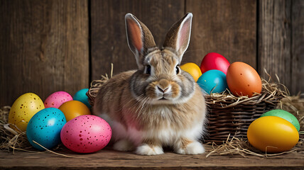 A cute bunny sitting next to colorful Easter eggs on a rustic wooden background. The setting should feel warm and natural, using soft lighting to create a cozy and festive atmosphere. Include elements