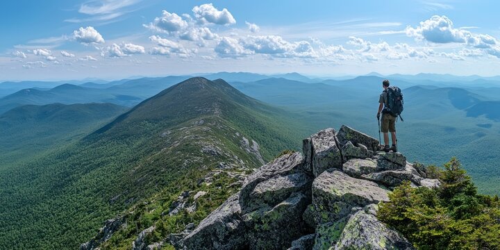 A hiker standing on a rocky peak, overlooking layers of mountain ridges - Powered by Adobe