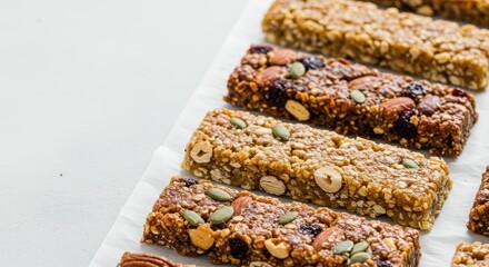 Assorted Healthy Snack Bars with Nuts, Seeds, and Dried Fruits on White Surface