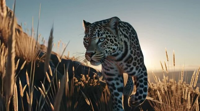 Leopard on rocky cliff, leopard on rocky cliff, leopard on rocky cliff in cinematic golden hour 8K footage, Cinematic Leopard in Golden Savanna

