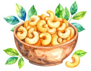 Cashews in Wooden Bowl Watercolor Illustration