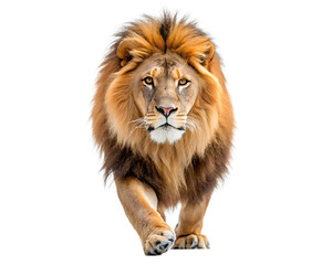 Majestic male lion with full mane walking forward isolated on white background