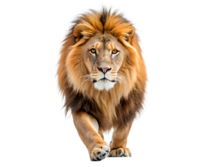 Majestic male lion with full mane walking forward isolated on white background