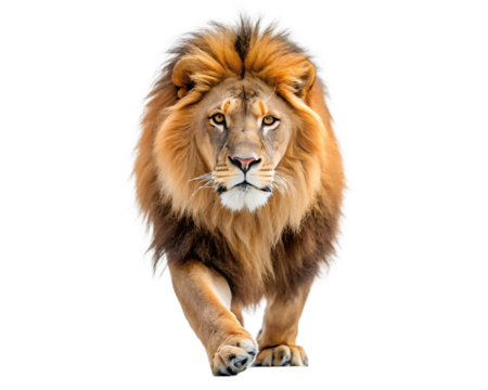 Majestic male lion with full mane walking forward isolated on white background