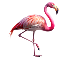 A vibrant pink flamingo standing on one leg with its head turned isolated on white background