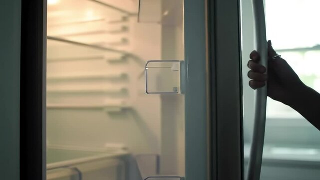Woman opens kitchen refrigerator, bright window background, food prep