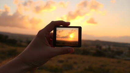 Hand holding action camera displaying a sunset over a landscape with cloudy sky