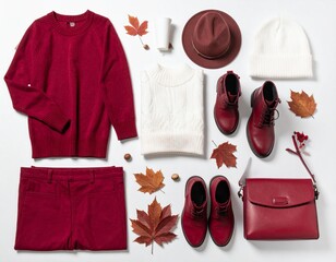 autumn woman clothes, shoes, bag and accessories collection in maroon color