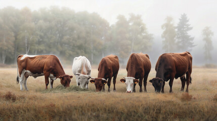 Fototapeta premium A herd of brown and white cows grazing on dry pasture with trees