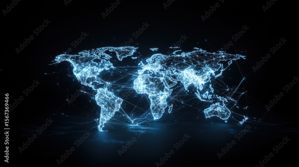 Poster global digital network - world map technology background global network technology digital world map